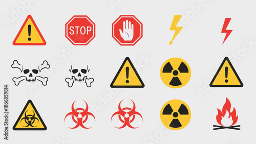 Collection of Warning Signs, Danger Symbols, and Hazard Icons