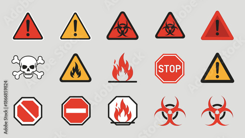 Set of Warning Signs: Danger, Biohazard, Fire, Stop, Skull and Crossbones
