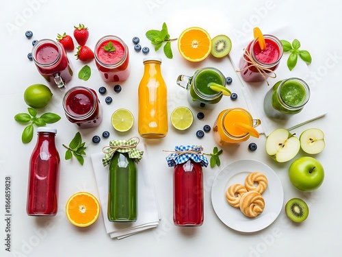 Vibrant Assortment of Fresh Juices and Fruits on a White Surface