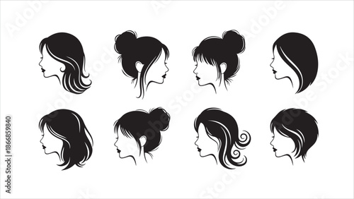 A Collection of Elegant Black Silhouette Portraits of Women Featuring Diverse Hairstyles, from Flowing Wavy Hair to Stylish Buns and Updos, Ideal for Beauty Salon Logos or Fashion Illustration.eps