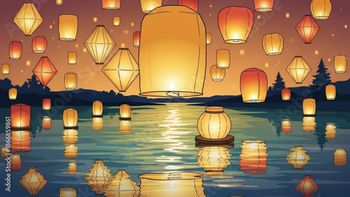 A serene vector illustration of glowing lanterns floating on a peaceful body of water at dusk