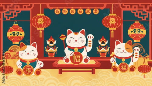A colorful illustration of three smiling Maneki-Neko cats surrounded by traditional Chinese lanterns and decorations in a vibrant Asian-inspired setting.