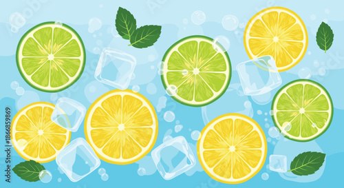 Refreshing summer drink background displays slices of lemons and limes with ice cubes and mint leaves floating in blue bubbly water.