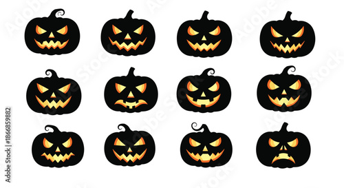 Grid of twelve spooky jack o lantern silhouettes with glowing orange faces represents various classic halloween pumpkin designs.