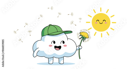 Adorable cloud character wearing a green cap holds a yellow dandelion flower next to a smiling sun in a cheerful and sunny spring scene.