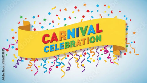 A colorful vector graphic illustration of a carnival celebration with confetti and ribbons