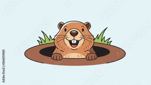 A cartoon groundhog peeking out of a hole in the ground with a cheerful expression
