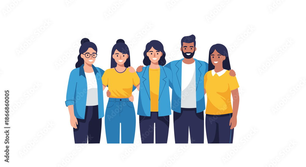 Obraz premium Diverse group of five cheerful friends or colleagues standing together in casual outfits representing unity teamwork and social connection.