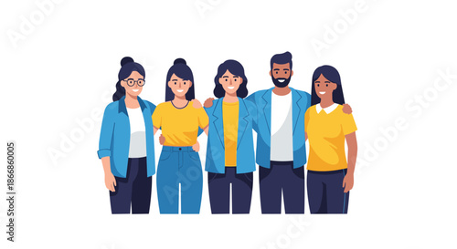 Diverse group of five cheerful friends or colleagues standing together in casual outfits representing unity teamwork and social connection.