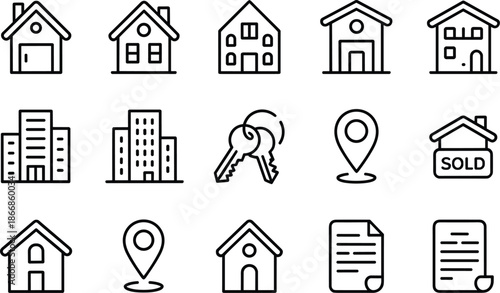 Real Estate Icons Set: Houses, Buildings, Keys, Location Pins, Sold Sign, Documents Vector Illustration