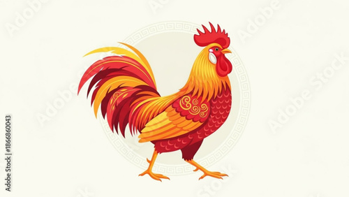 A vibrant rooster illustration in red, orange, and yellow hues, symbolizing energy and pride.