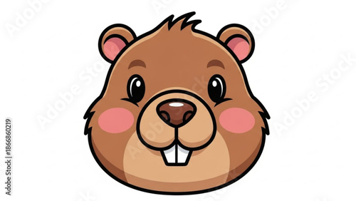 A cute cartoon beaver head with a happy expression on a white background