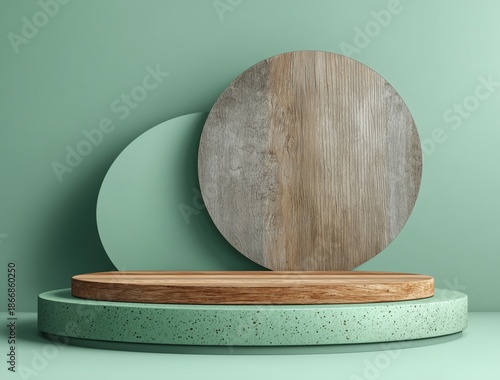 Modern wooden display podium with green background and copy space
