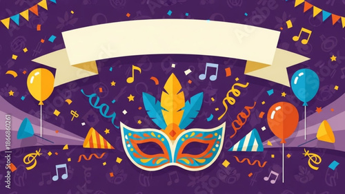 A vibrant and festive Mardi Gras mask illustration with colorful balloons and confetti on a purple background