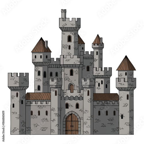 A medieval-style castle with multiple towers and a large gate, depicted in a cartoon illustration with gray stone walls and brown roofs against a white background.