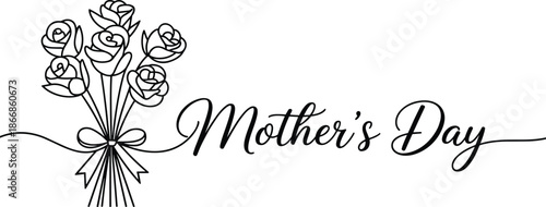 Mother’s Day bouquet illustration with elegant hand lettering, minimal black and white floral design, greeting card typography artwork