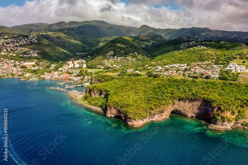 Aerial view of Case-Pilote coastal village, church and fishing harbor, Martinique, French West Indies