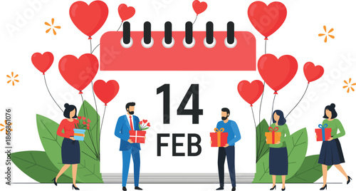 Happy Valentines Day celebration vector with people giving gifts near 14 February calendar and heart balloons on white background.