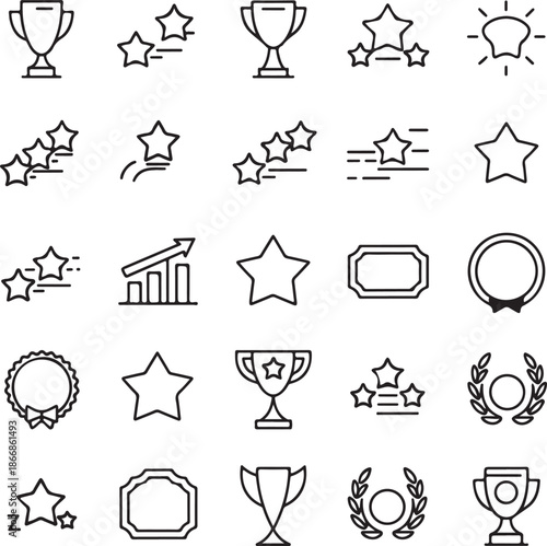 Collection of achievement icons and awards in simple line art style