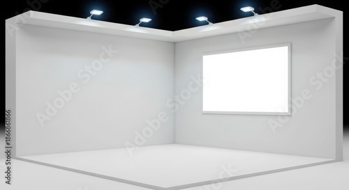 A clean, empty white corner exhibition booth with spotlights and a blank display screen.