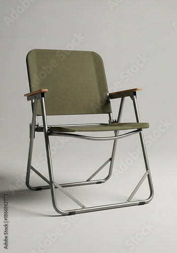 Studio shot showcasing a foldable camping chair with olive green fabric