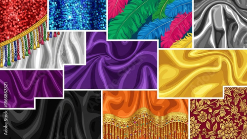 A vibrant collection of colorful fabric textures and patterns in a collage