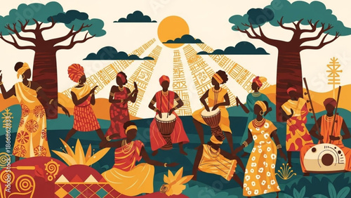 A vibrant illustration of people celebrating in a natural outdoor setting with trees and a sunny sky