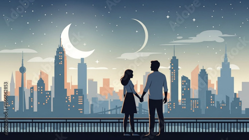 A romantic couple stands on a balcony overlooking a city skyline at night with crescent moons in the sky