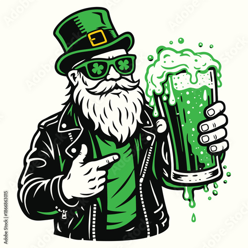 Rocker Biker Holding Green Beer Pint - St. Patrick's Day Mascot