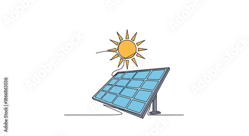 A continuous one line drawing of a solar panel and sun, illustrating the concept of clean, renewable solar energy.