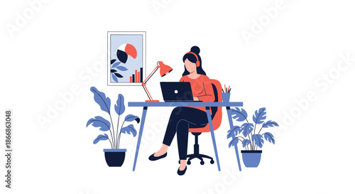A woman working from home at her desk with a laptop, surrounded by house plants in a modern, comfortable workspace.