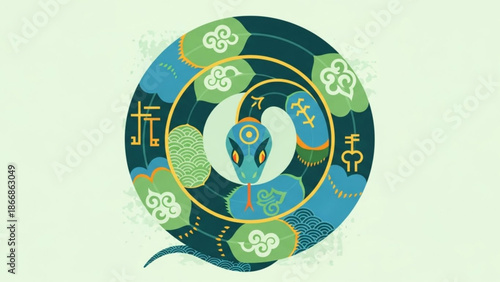 A vibrant illustration of a snake surrounded by intricate designs and patterns in shades of blue and green.