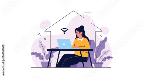 A woman working on her laptop inside the outline of a house, representing the concept of remote work or smart working.
