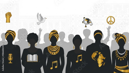 A vector graphic illustration of diverse women in solidarity with peace and freedom symbols