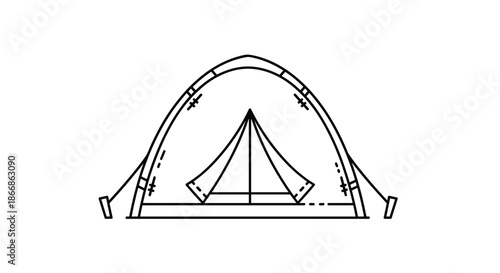A simple black and white line art icon of a dome tent, representing camping, hiking, and outdoor adventure travel.
