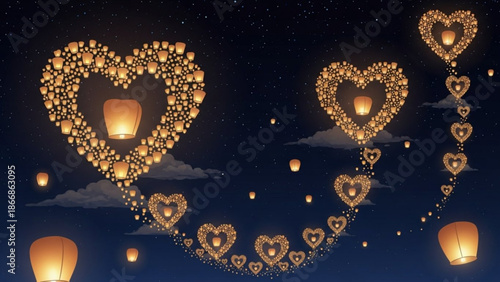 A romantic illustration of glowing heart-shaped lanterns floating in the night sky