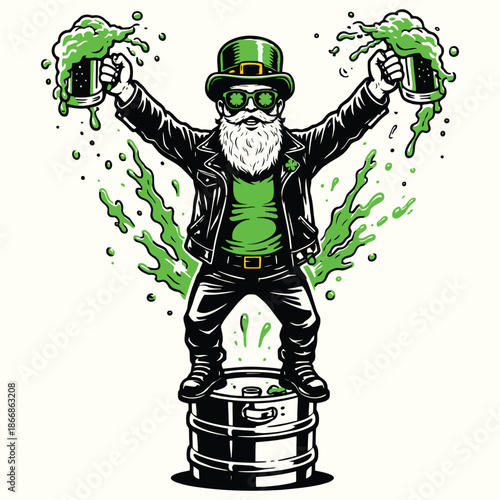 Rocker Biker Celebration on St. Patrick's Day Holding Two Green Beer Mugs