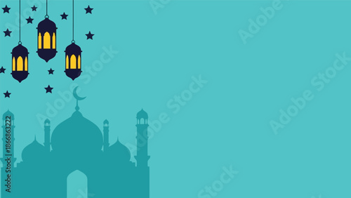 Ramadan vector background with mosque silhouette and hanging lanterns on blue