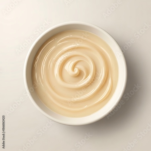 Overhead view of a luxurious, light-colored creamy sauce, beautifully swirled in a clean white bowl, highlighting its smooth, whisked texture, perfect for culinary