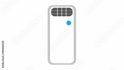 Modern White Upright Air Cooling Appliance with Blue Indicator Light Isolated on White Background