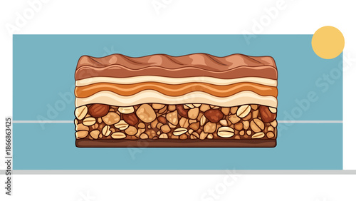 Layered Snack Bar Cross Section with Nuts and Caramel