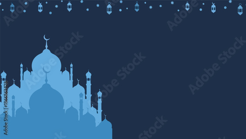 Ramadan vector background with mosque silhouette and hanging lanterns in blue tones
