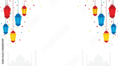 Ramadan lantern vector background with colorful hanging lamps and confetti design