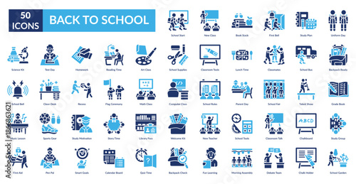 Back To School Fill Icon Set. School Start, New Class, Book Stack, First Bell, Study Plan, Uniform Day, Backpack Ready