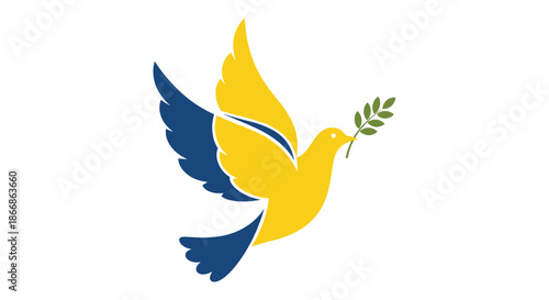 A peace dove in the yellow and blue colors of the Ukrainian flag, holding an olive branch as a symbol of peace for Ukraine.