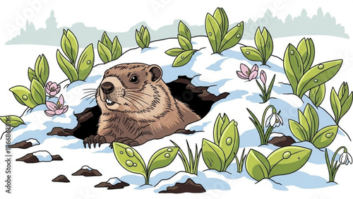 A cartoon illustration of a brown animal emerging from a snowy burrow surrounded by green plants and pink flowers