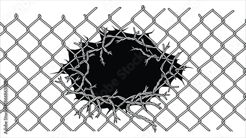 Damaged Chain Link Fence Vector – Broken Steel Wire Mesh with Hole..eps