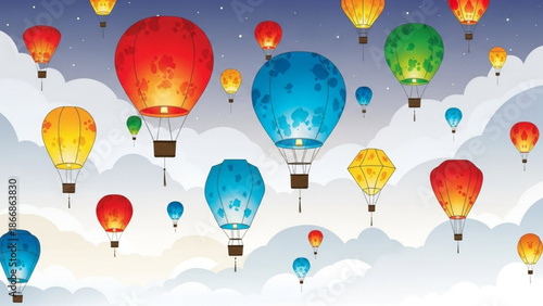 A colorful illustration of hot air balloons floating in the sky with clouds