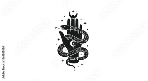 A mystical black and white illustration of a snake coiled around a hand with celestial symbols like a crescent moon.
