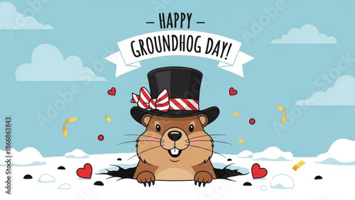 A cartoon groundhog wearing a top hat and bow tie on Groundhog Day